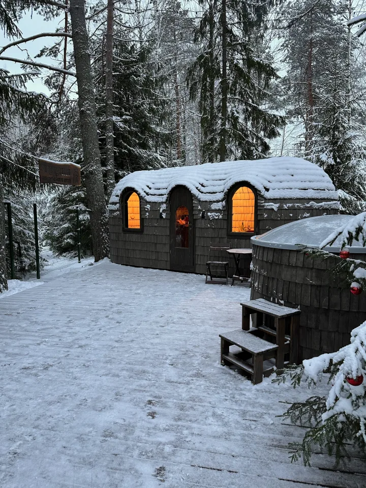 Wood-shingle sauna in a snowy woodland setting